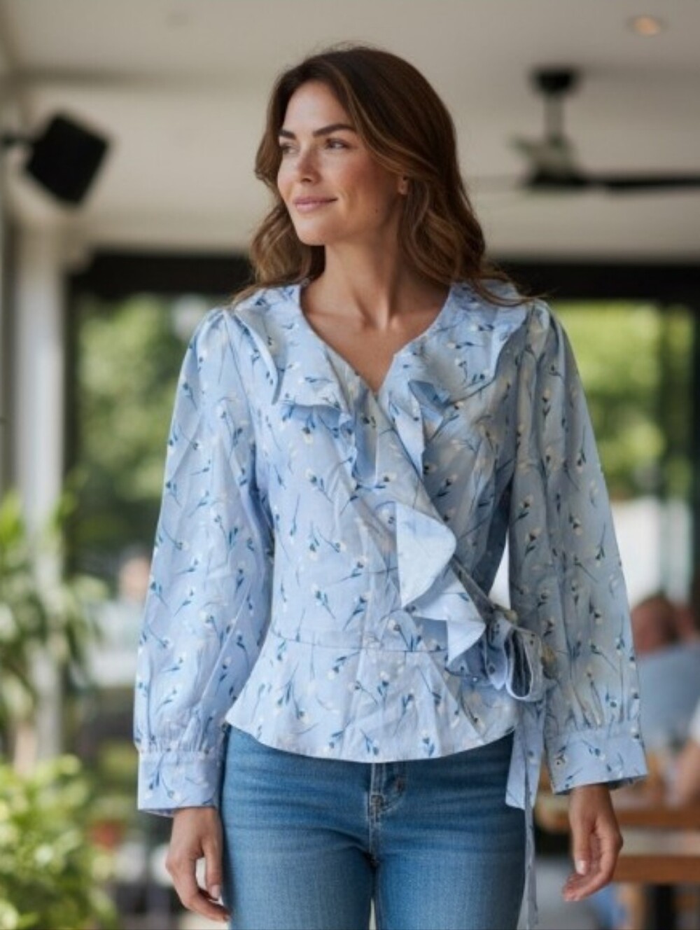 NWT Grace & Chili Powder Blue Long Sleeve Wrap Blouse Ruffled Sailor Collar Sz.S